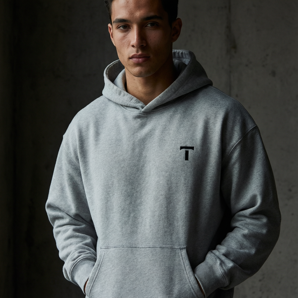 TOPEDGE Essential Hoodie — worn by model, heather grey oversized fit